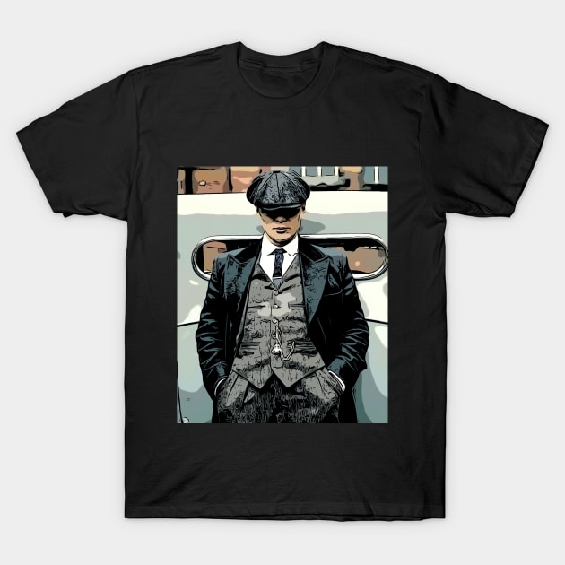 well shelved, thomas shelby leans against a car with his hands in his pants and hat pulled deep into his face as abstract art (vers. 3) T-Shirt by ComicPrint